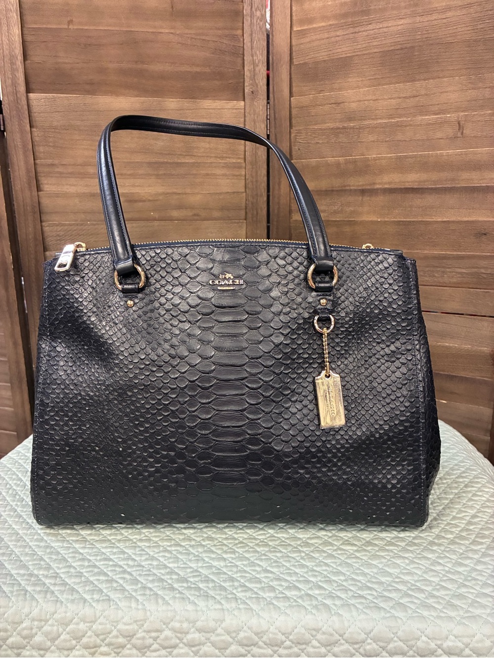 Coach Black Embossed Leather Shoulder Bag with Gold Hardware